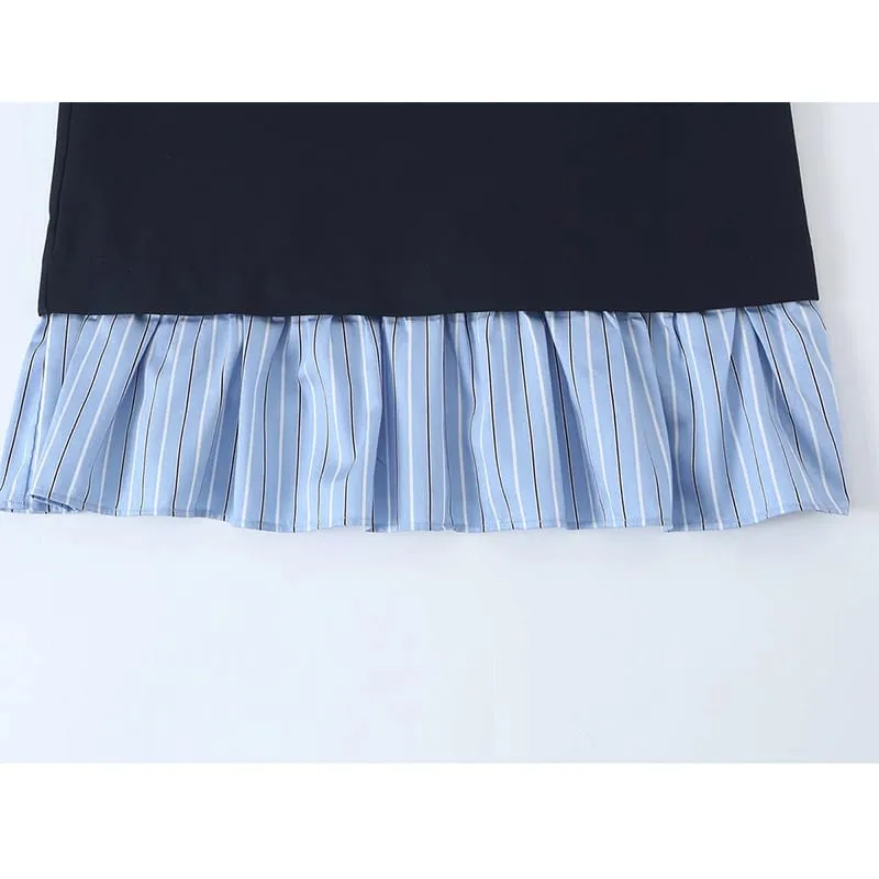 Ladies Contrast Stripe Spliced Casual Short Dress Bow Tie Neck Half Sleeve Ruffled Hem Loose Fit Commuter Dresses