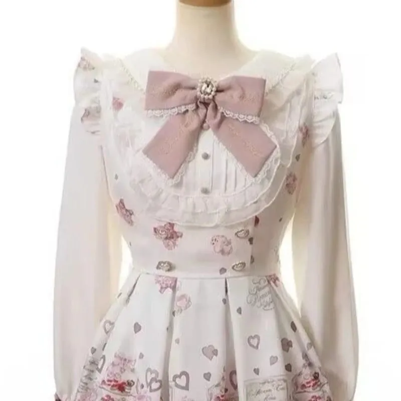 Japanese Kawaii Rhinestone Bow Dress Set Women Sweet Cute Lolita Style Lace Pearl Print Shirt Dresses Gothic Y2k Tea Party Dress — image 8