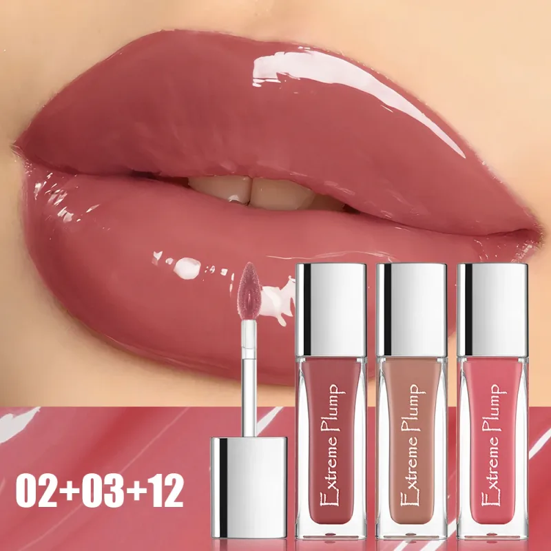 3 stk Extreme Plump Lip Gloss Sæt Spejlglas Finish Langvarig Hydrating Lip Glaze Ikke-klæbende Vandtæt nøgen flydende læbestift