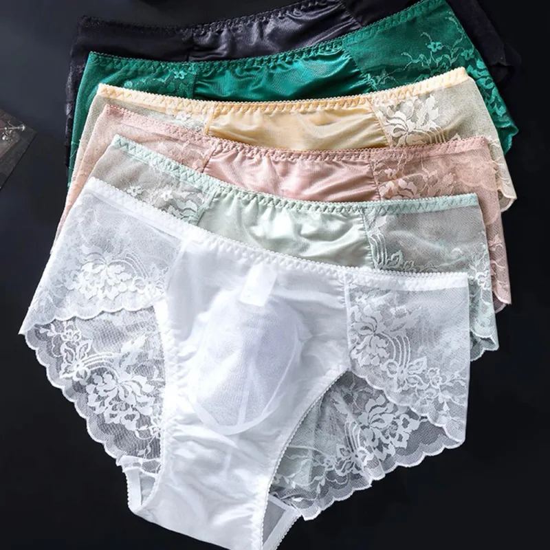 Men Lace Briefs Seamless Ice Silk Briefs Underwear 3D Bulge Pouch Low Waist Gay Panties