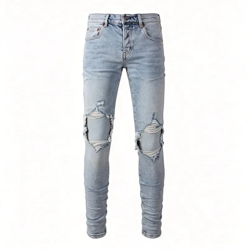 Men's Large Knee Ripped Slim Tapered Jeans Vintage Light Blue Wash Frayed Edges Button Fly High Street Style