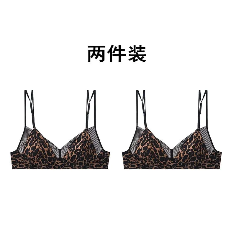 Modish Leopard Intimate Set Non-wire Thin Triangle Bra Breathable Summer Nude Fabric Small Chest Firm Gathering Womens Indoor — image 21
