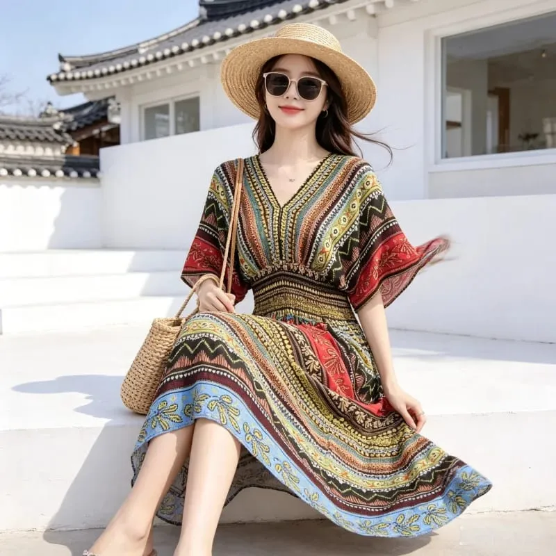 Boho Holiday Women V-Neck Batswing Short Sleeve A-Line Midi Dresses Slim Elastic Waist Casual Vintage Office Lady Elegance Dress — image 35