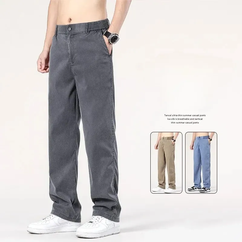Summer New Baggy Jeans Men's Classic Thin Lyocell Fabric High Quality Straight Casual Pants Soft Denim Trousers Coffee Blue Gray — image 2