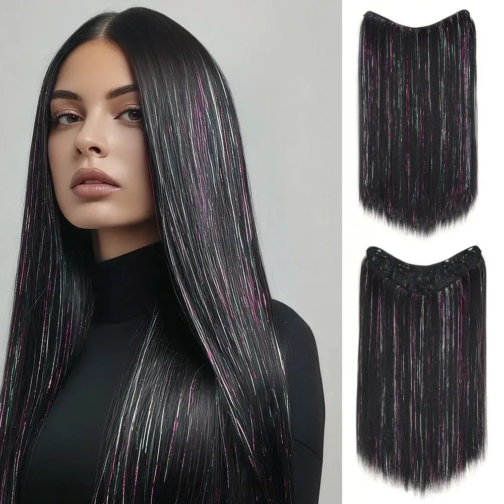 24Inch Long Straight Synthetic Clip‑in Hair Extensions Glitter Laser Tinsel Hair High‑Temp Fiber Shiny Hairpiece for Women Daily