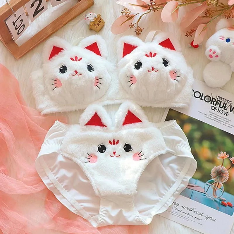 Cute Cartoon Furry Cat Ears Lingerie Bras Underpants Underwear Two Piece Sets Sweet Warm Winter Plush Underwear Set New — image 2