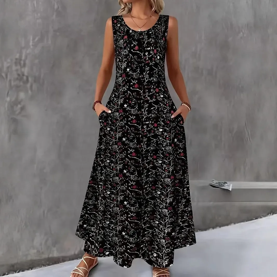 Women Summer Casual Sleeveless Floral Print Maxi Dress O Neck A-Line Long Dress With Pockets Loose Vestidos Beach Sundress — image 2
