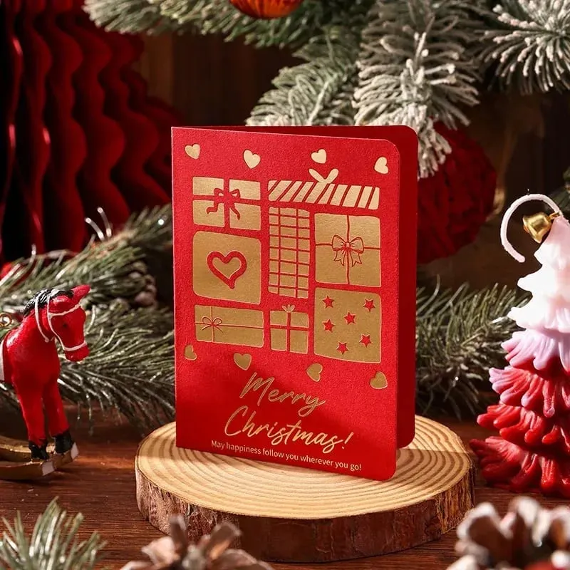 10Pcs Vintage Gold Foil Christmas Folding Greeting Cards Multi Pattern Blessing Holiday Cards New Year Postcard Gift Cards — image 9