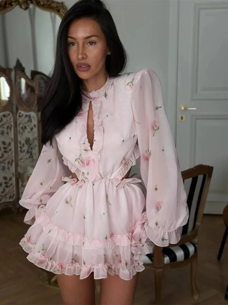 Květinové minišaty bez zad s květinovým potiskem Dámské Elegantní Volány do O s dlouhým rukávem Šaty v áčkové linii Letní elegantní Dámské Sváteční Vestido — image 2
