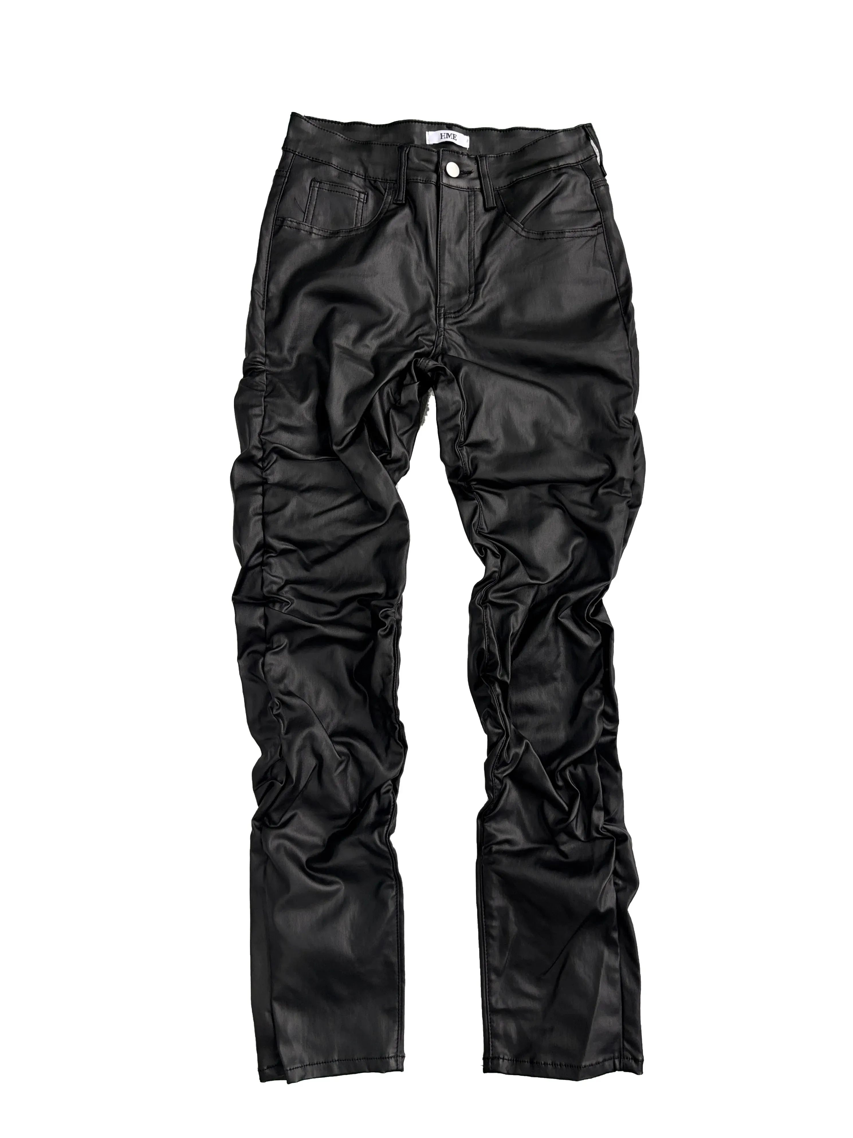 【HME】Men's Jeans | Black Wax Coated Denim Pants Faux‑Leather Look Stacked Ruched Denim Jeans For Men Full‑Length Wrinkle Pleat Design Tough Coated Denim Fabric Street‑Fashion Stacked Fit Male Trousers — image 7