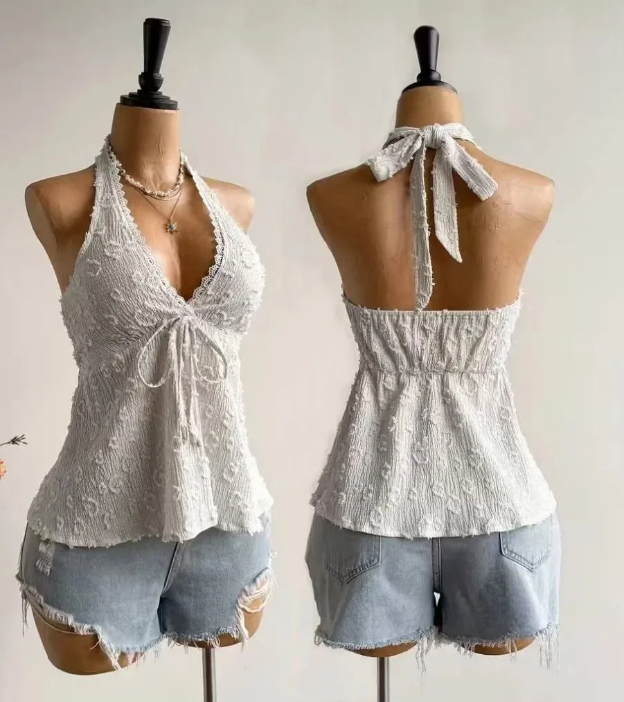 Ladies' Summer V-neck Lace Neck Strap Off Shoulder Leisure Vacation Easter Beach Wear Music Festival Top — image 2
