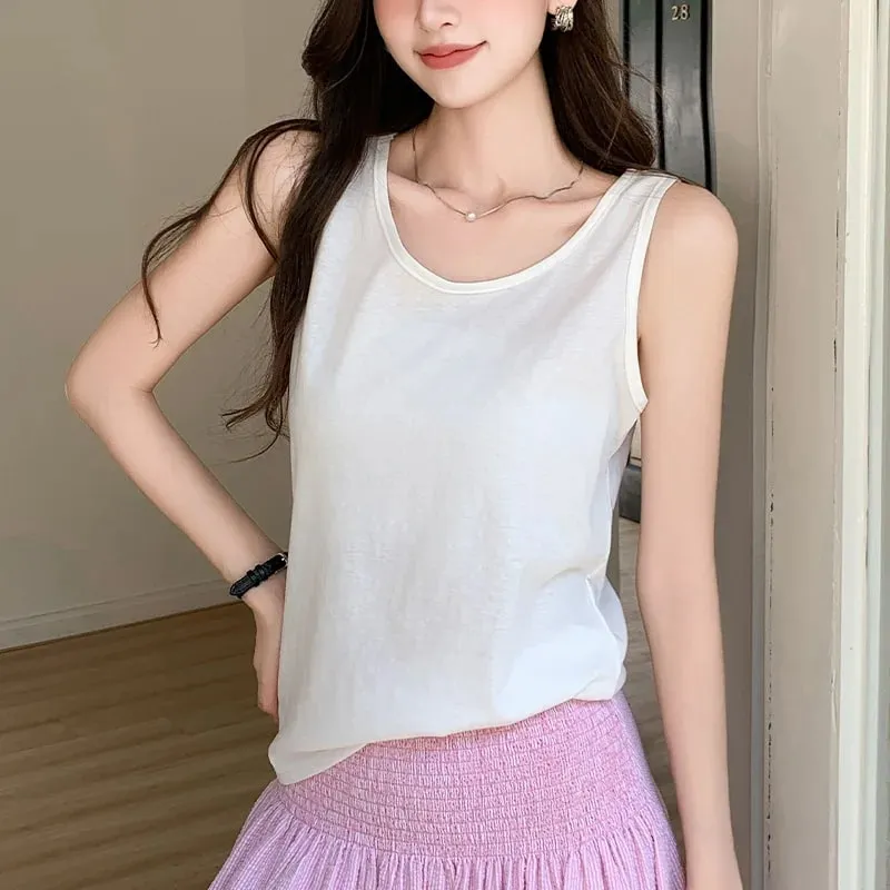 Women Cotton Tank Top Summer Outerwear Loose-Fitting Fitted Layering Round Neck Sleeveless Lightweight Breathable Simple Casual — image 3