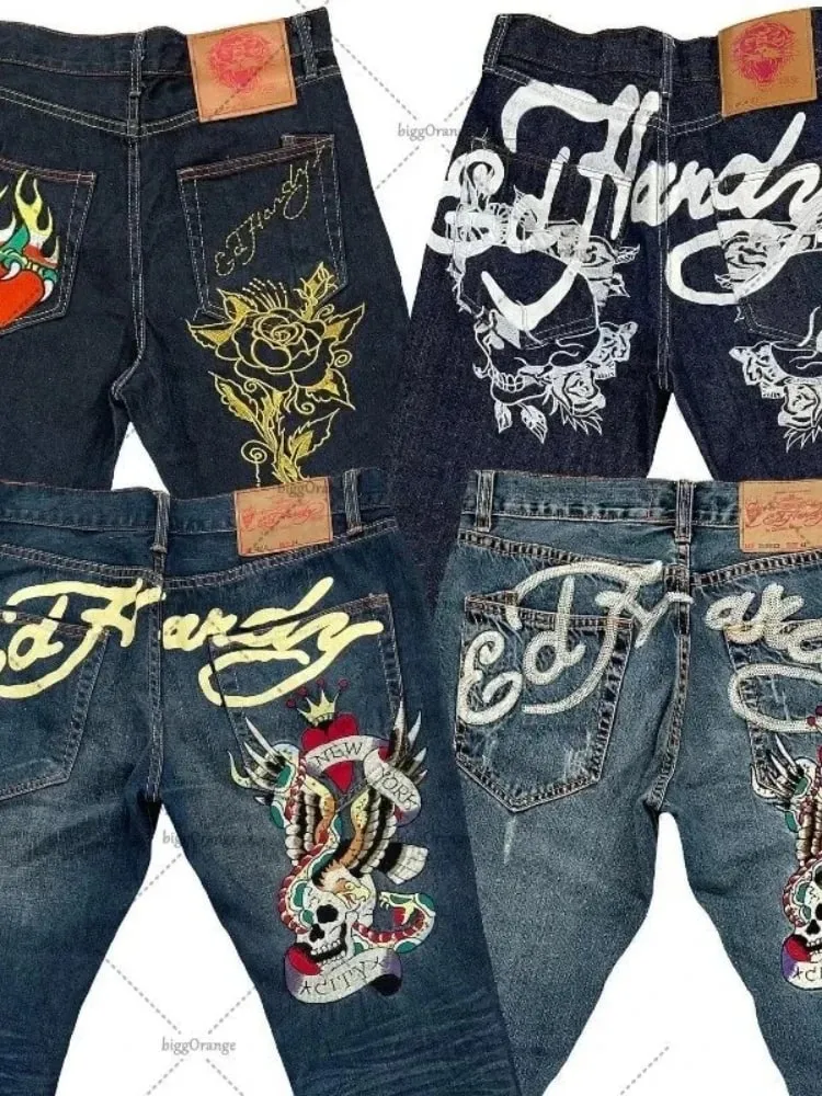 Mens Jeans Streetwear Y2K Vintage Straight Leg Denim Pants Skull Rose Flame Print Design Loose Fit Retro Punk Hip Hop Fashion — image 7