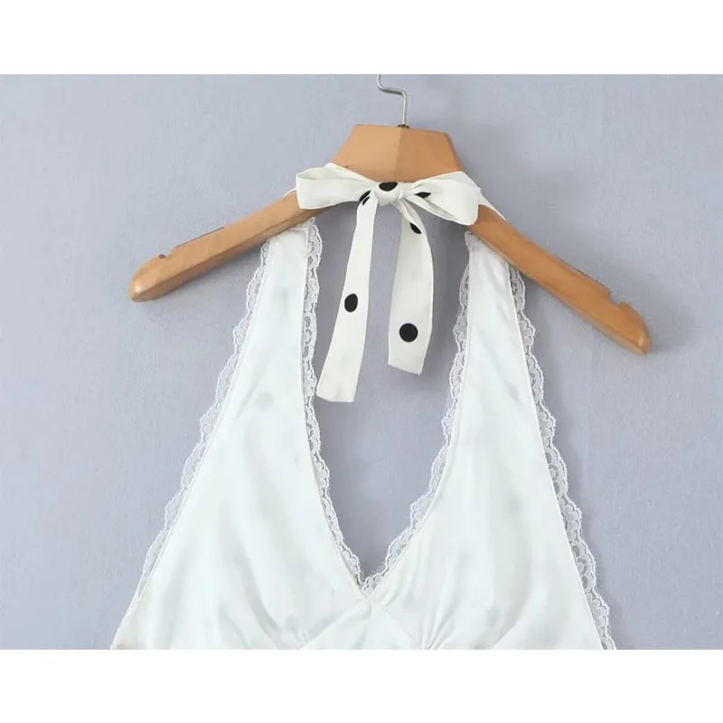Abito con scollo all'americana a pois con spalline in pizzo Donna Elegante abito a trapezio Mini abiti sexy senza schienale Abito estivo 2025 — image 6