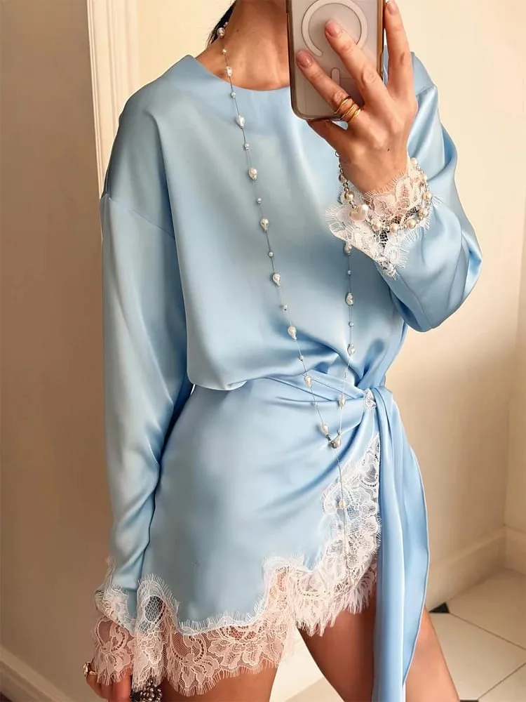 Women Elegant Lace Patchwork Lace-up Dress Solid Round Neck Full Sleeve Satin Loose Mini Dresses 2026 Spring Party Club Vestido — image 4