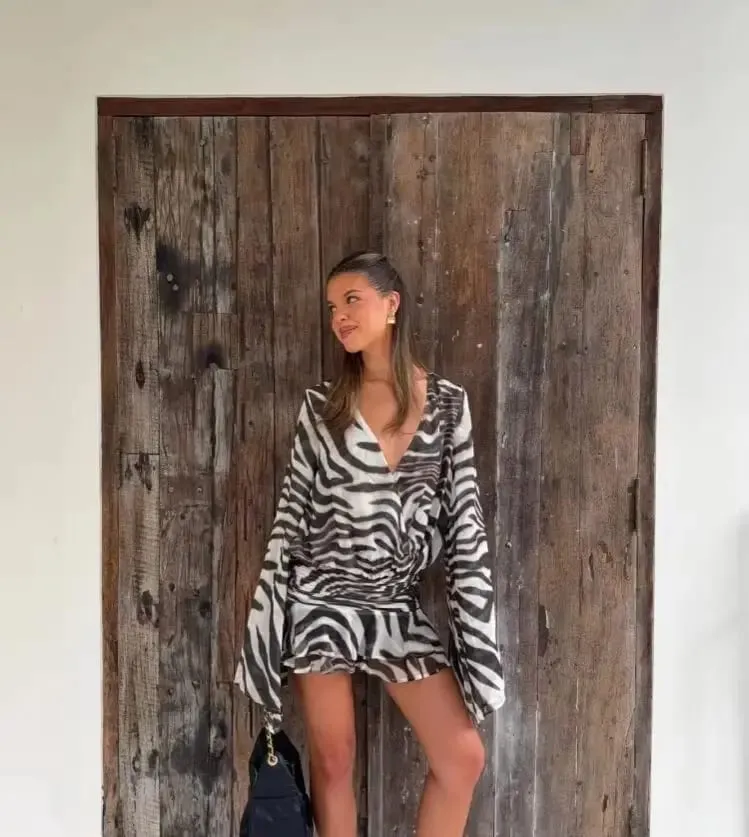 Women's Zebra Print Long Sleeve Mini Dress Zebra Print Long Sleeve Mini Dress Party Club Zebra Print Ruffle Dress Summer 2026 — image 4