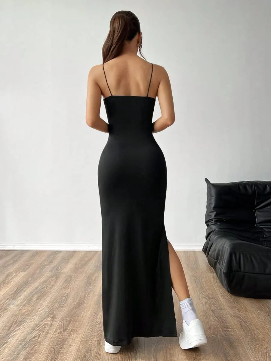 Women's Solid Color High Slit Spaghetti Strap Dress — image 2