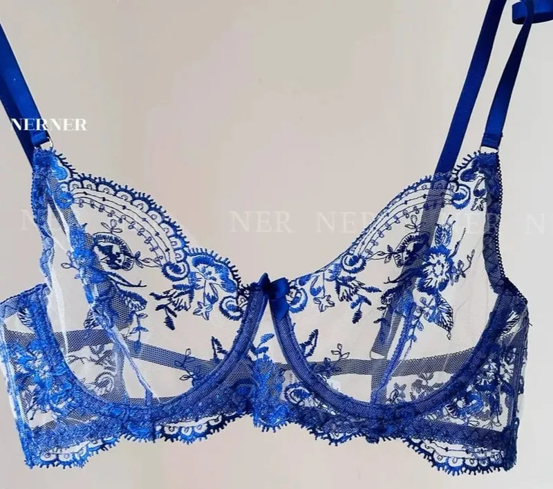 French Style Mesh Embroidery Lace Bra Set With Underwire Slightly Sheer Thin Lingerie Minimizer Bra For Big Bust S-XL — image 13