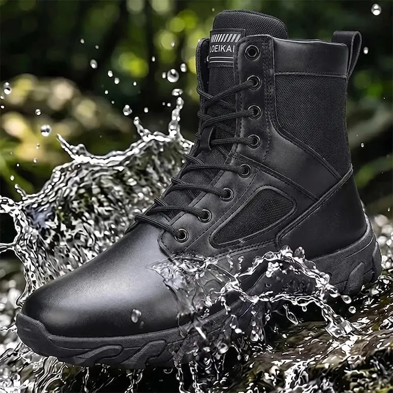 Men High‑top Casual Boots Lace‑up PU Fabric Splicing Rugged Non‑slip Thick Sole Shoes For Daily Street Walking All Season