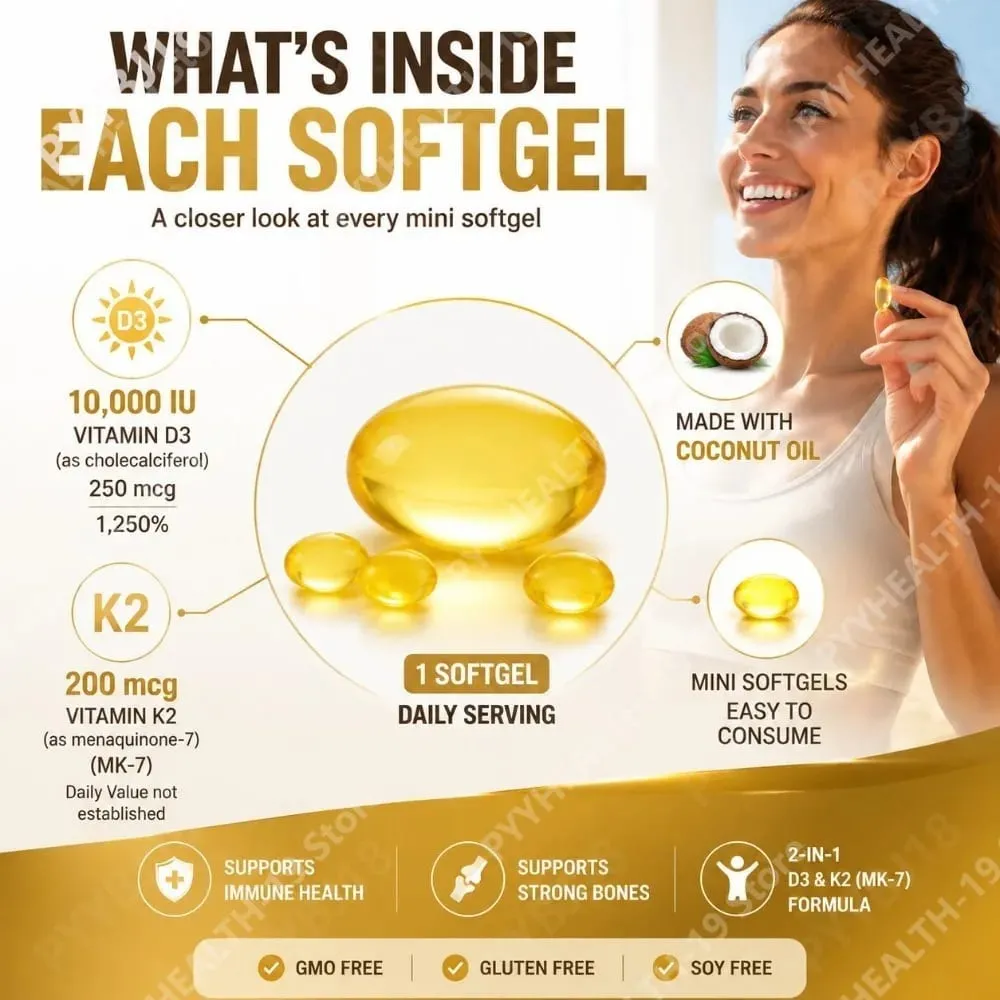 Vitamin D3 & K2 Softgels with 10 000 IU Vitamin D3 & 200 mcg K2 for Immune System & Bone Strength Support Adults 300 Softgels