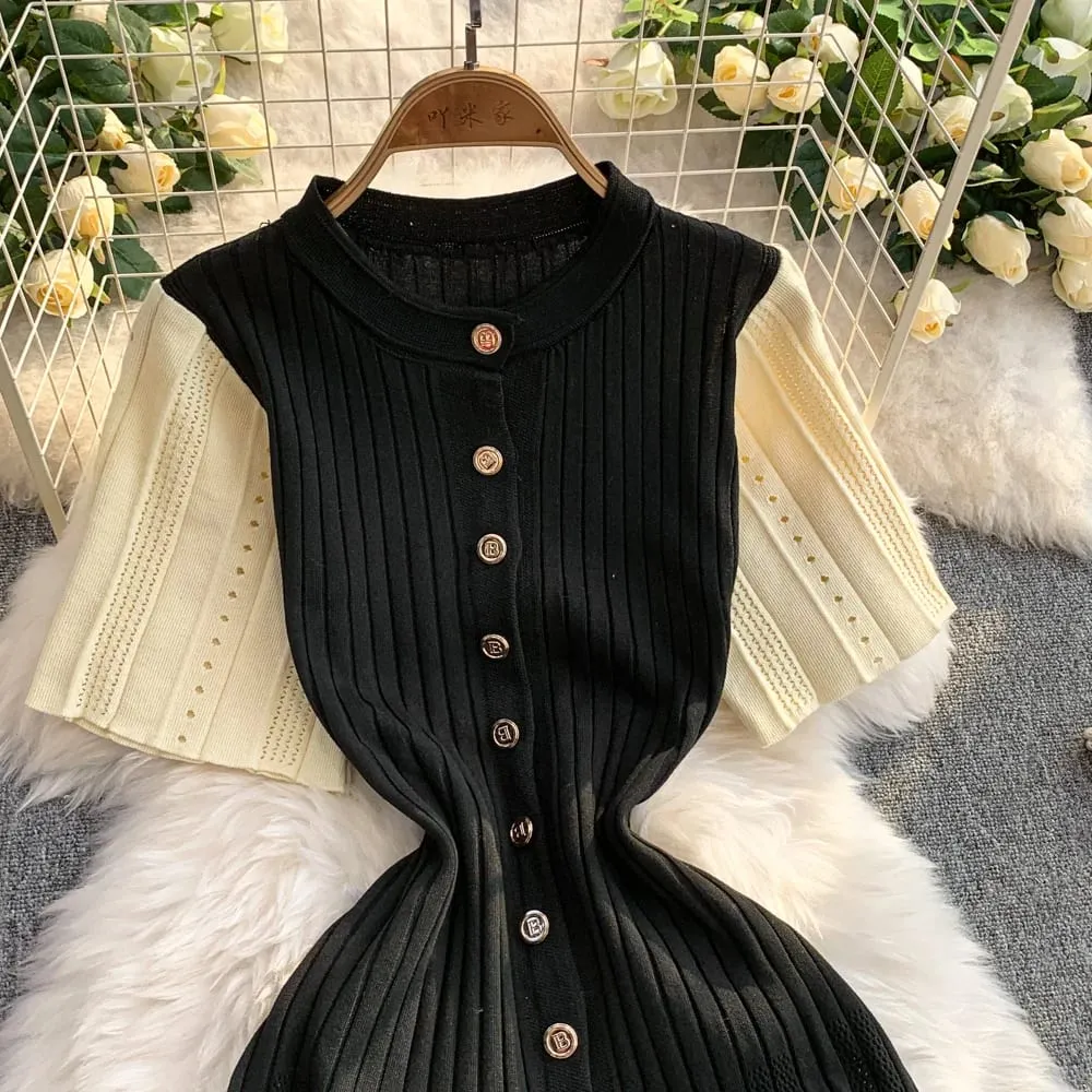 YuooMuoo Women Dress 2026 Spring and Summer Elegant Patchwork One-Piece Knitted Maxi Dress Office Lady Slim Waist Sweater Dress — image 2