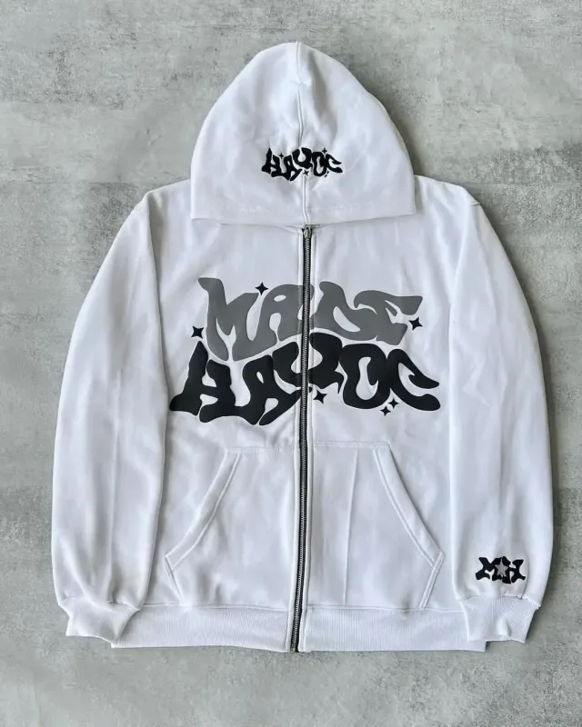 Men's Retro American Letter Zipper Printed Hooded Sweatshirt Unisex Autumn and Winter Open Cardigan
