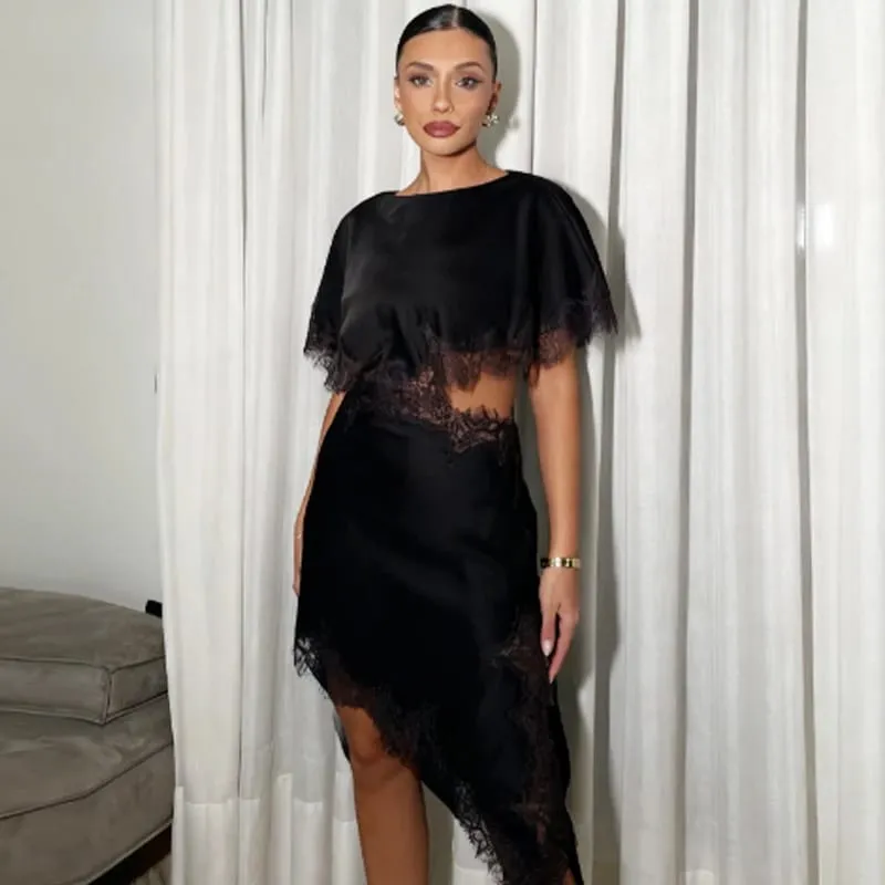 Cut Out Black Dress Woman Asymmetrical Lace Midi Dress Cape Sleeve Elegant Party Dresses Women Sexy Luxury Cocktail Dress — image 5