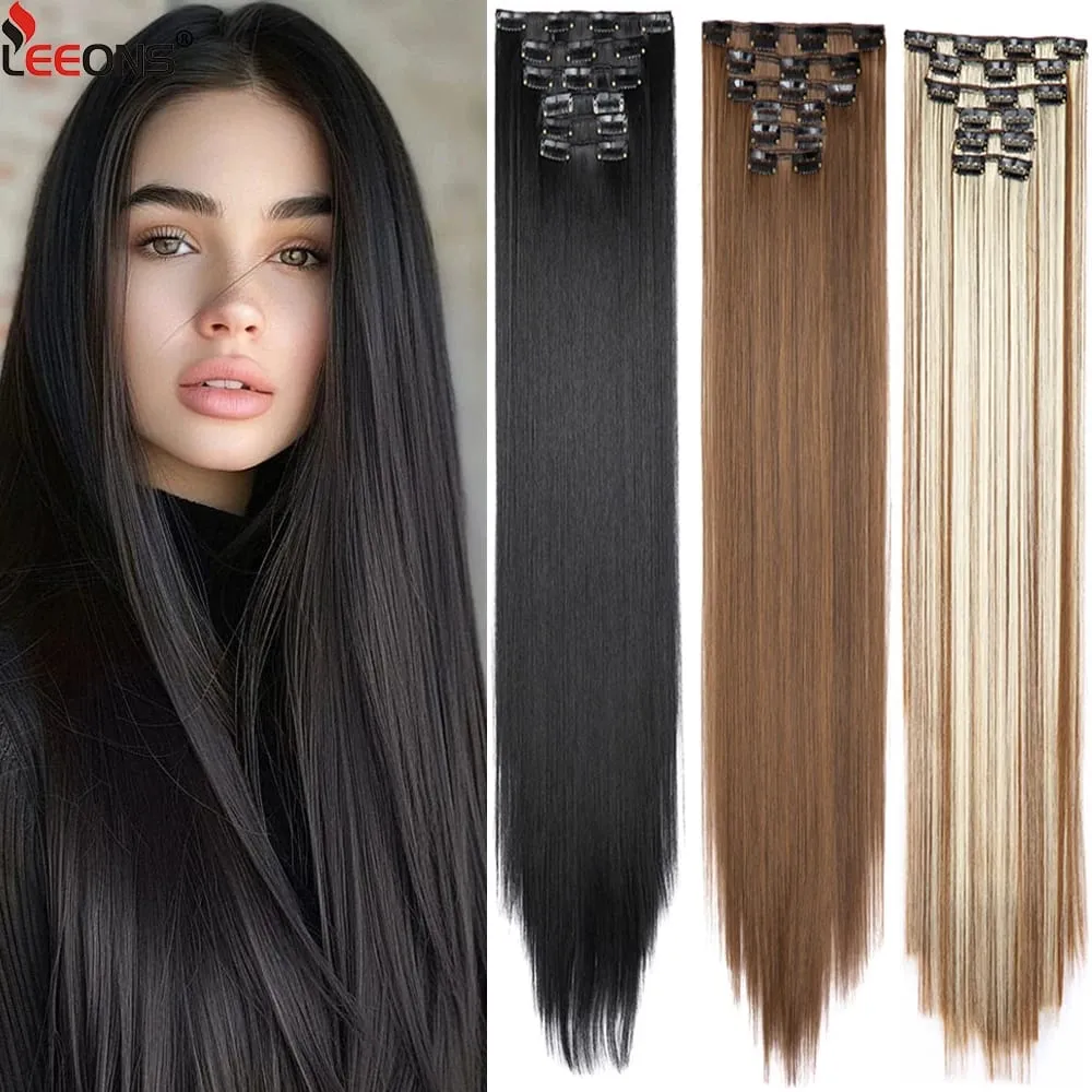 6Pcs/Set 16 Clips In Hair Extensions Black Brown Straight Synthetic Hairpieces 30Inch Thick Hair Extension For Girls Daily Use — image 2