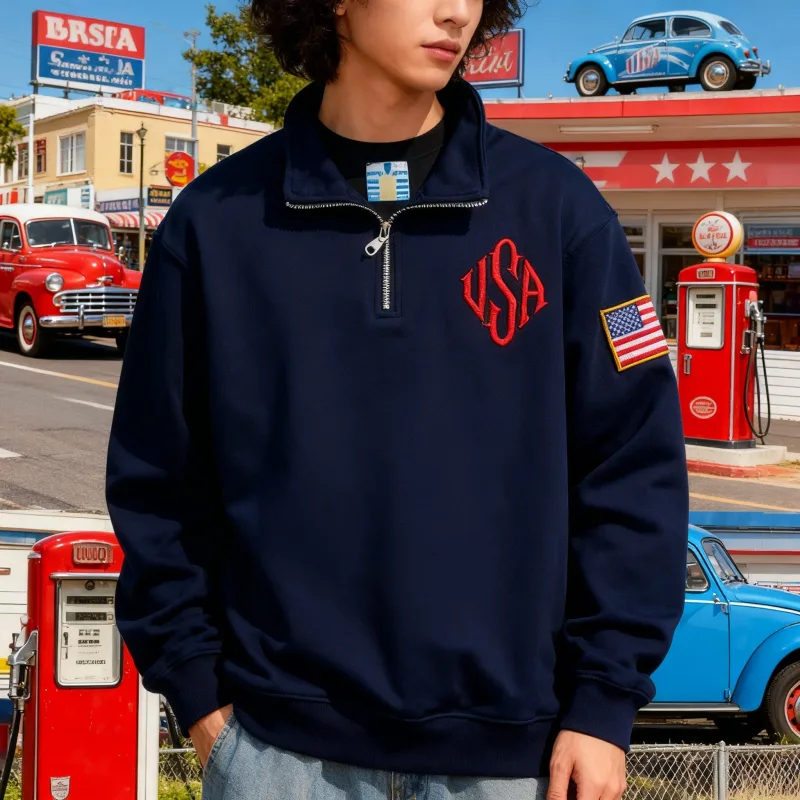 Vintage USA Flag Embroider Sweatshirts Navy Blue Quarter Zip Sweatshirt Fast delivery Streetwear High Street Y2k Fashion Hoodies — image 4