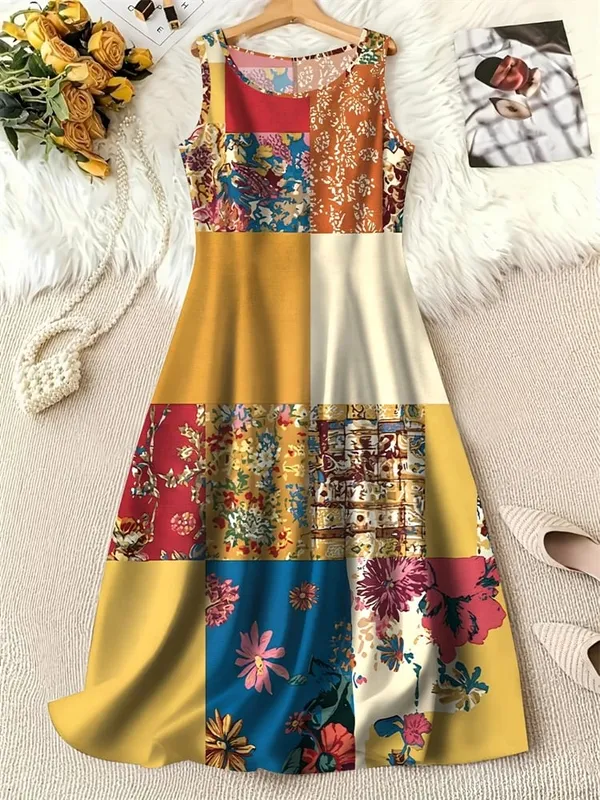 Robes d'été à col rond pour femmes, motif Floral botanique, Patchwork de couleurs bloquées, robes de fête de voyage et de plage