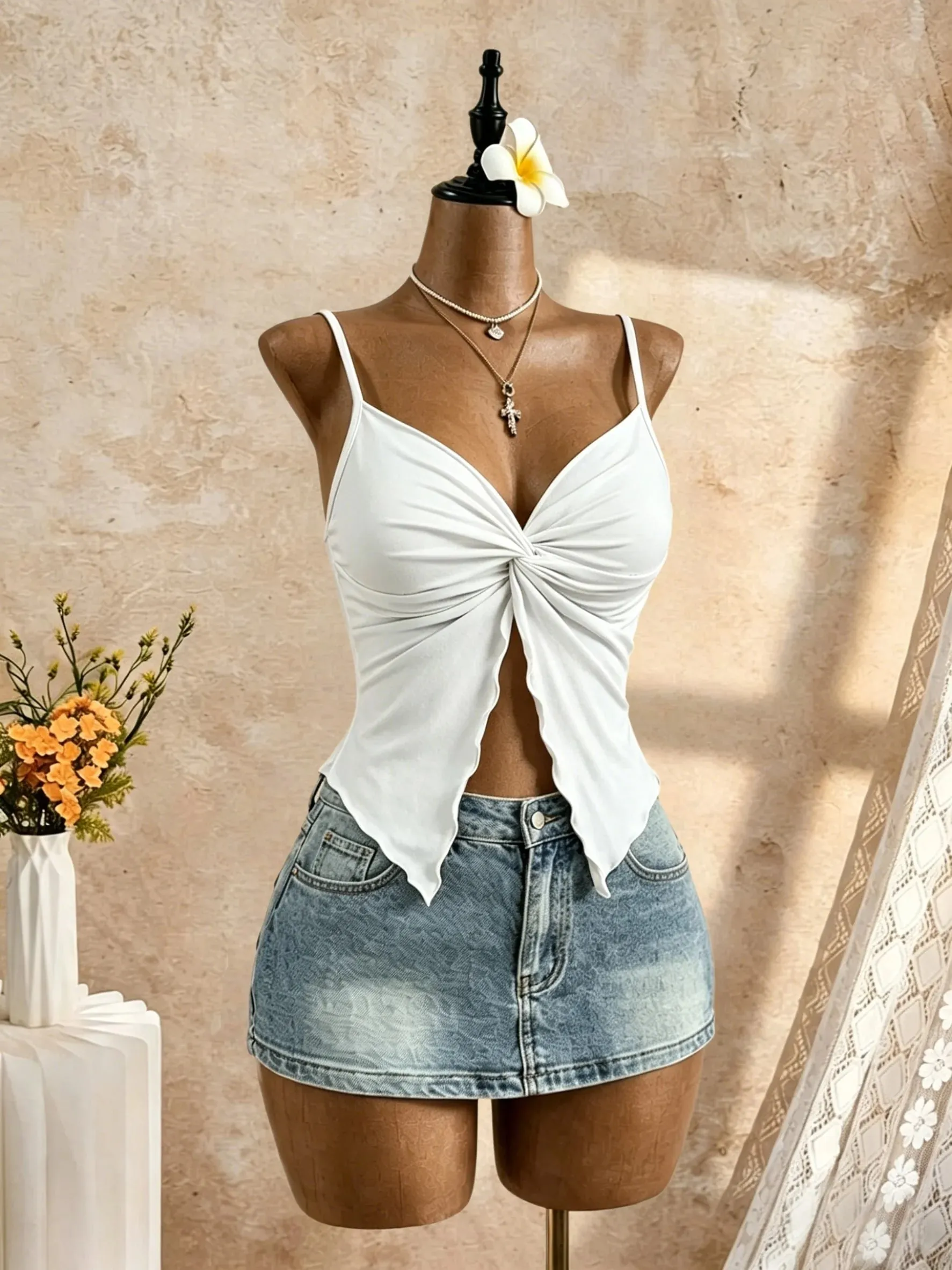Women Spaghetti Strap V Neck Twist Front Cut Out Ruffle Irregular Hem Slim Fit Crop Cami Top 2026 Summer Y2K Solid White Sleevel — image 3