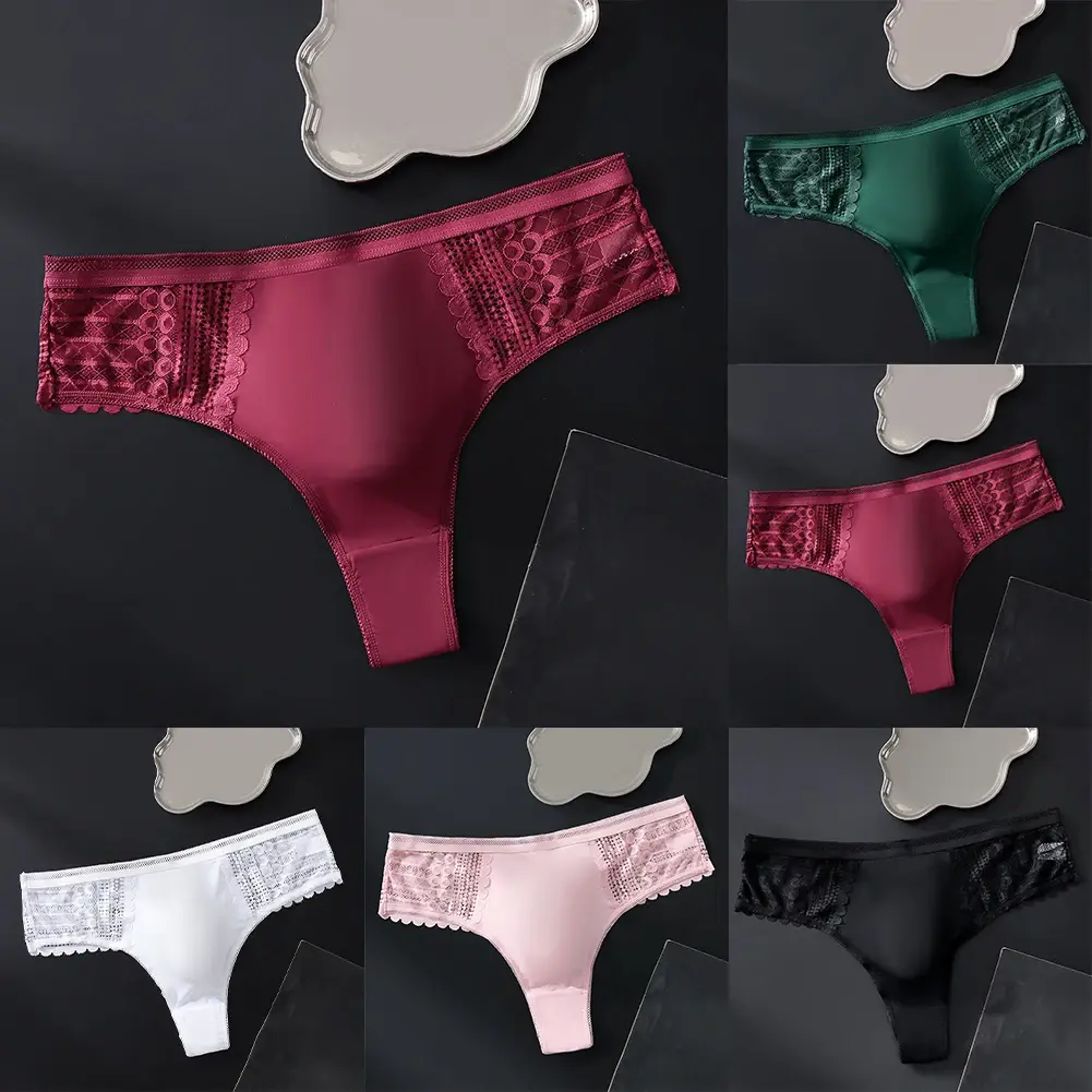 1pc hommes Sexy dentelle slips sans couture glace soie sous-vêtements en string 3D renflement poche solide string haute élastique respirant culotte