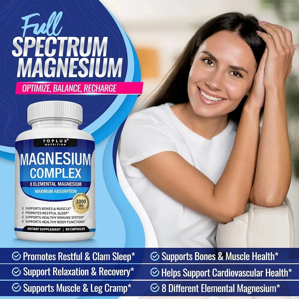 Magnezyum Kompleksi Takviyesi | 1000mg Magnezyum Glisinat Malat Sitrat | 8 Elementli Şelatlı Formül | Vegan GDO'suz 90 C — image 3