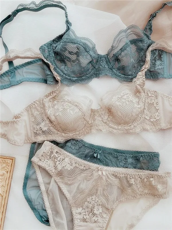 Feminino ultra-fino renda roupa interior conjunto de sutiã reunindo anéis de aço superior transparente tamanhos grandes lingerie cuecas terno — image 2