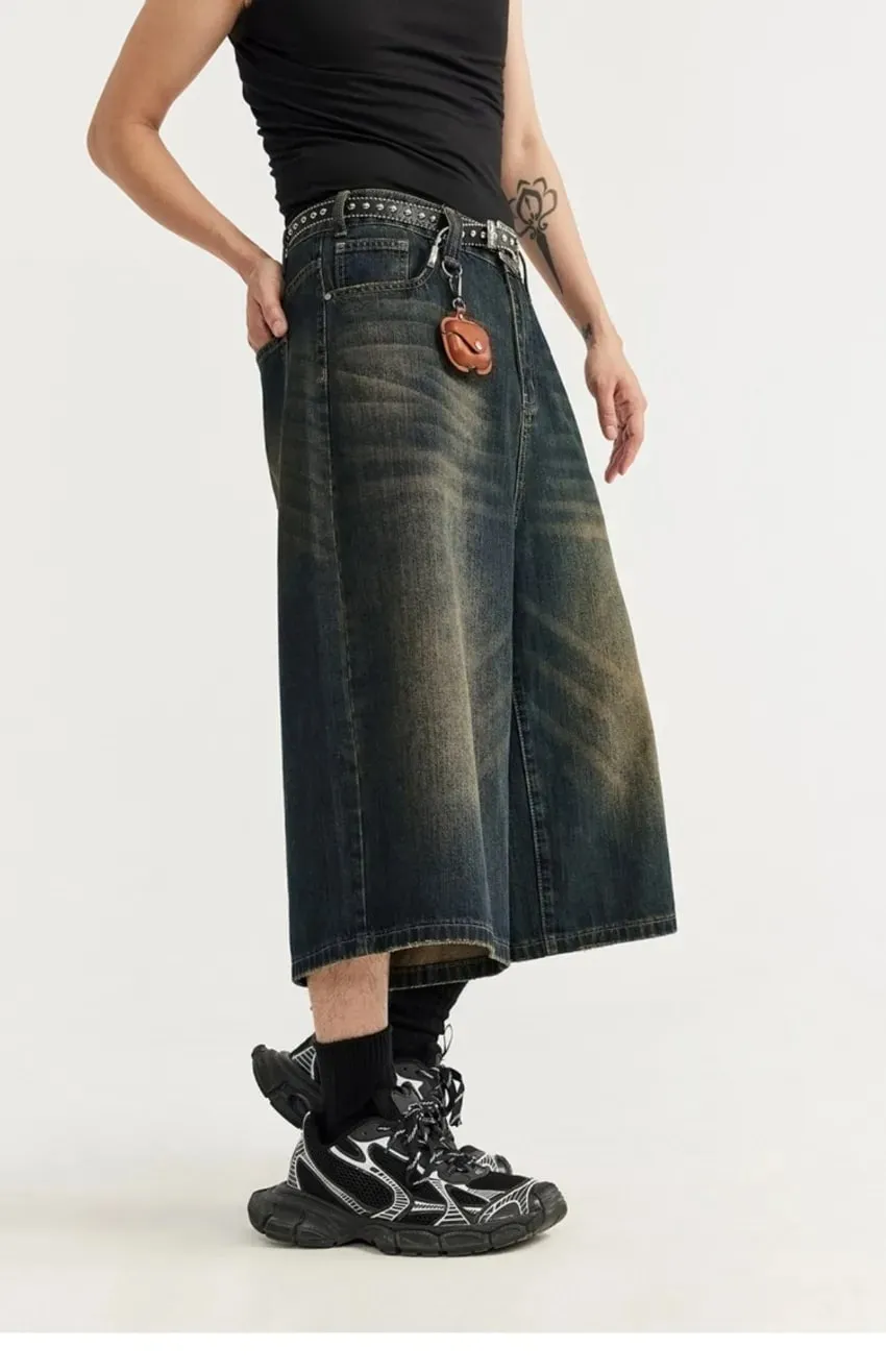 Men Vintage Washed Denim Shorts Loose Wide Leg Retro Nostalgic Tone Summer Streetwear Vintage Cropped Jeans — image 6