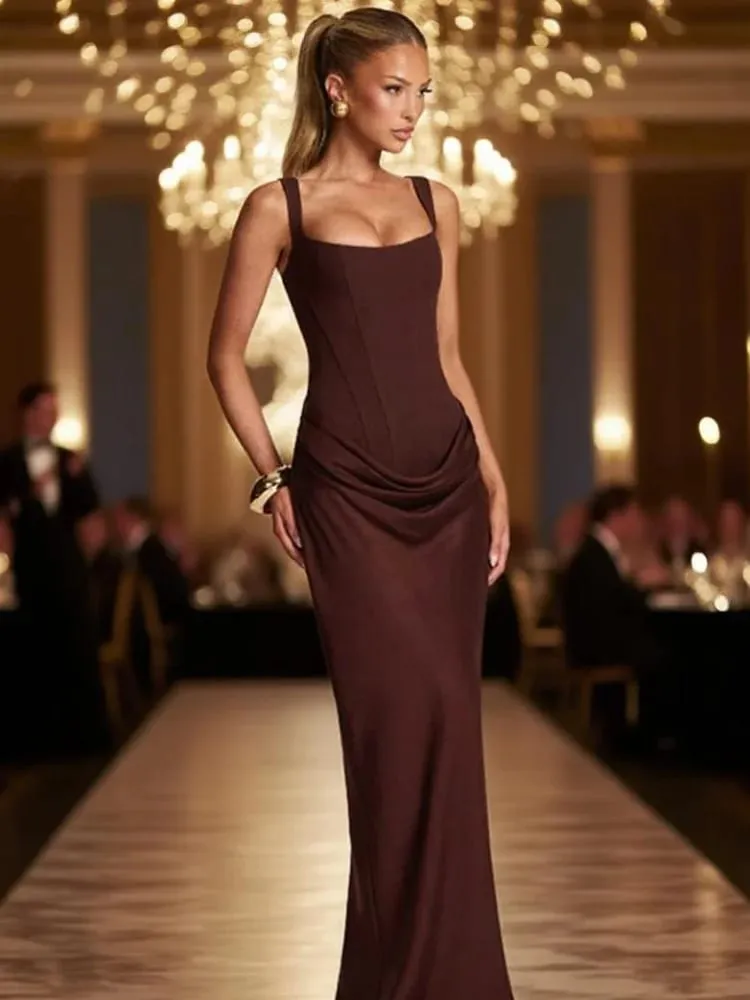Lady Elegant Pleated Sling Dresses Solid Square Neck Sleeveless Off-shoulder Waist Cinching Dress Fashion Evening Party Gowns — image 2