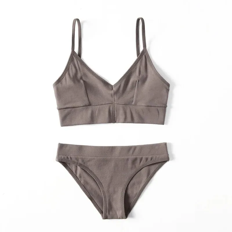 Solid Color Women Underwear Set Thin Strap V Neck Bra Briefs Soft Stretch Lingerie Sleep Outfit — image 4