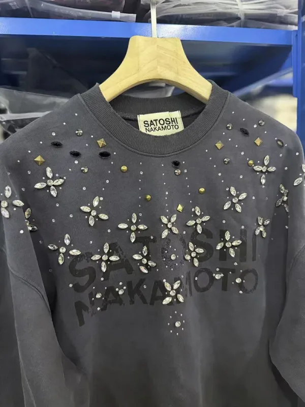 Letters Logo Rhinestone Rivet Satoshi Nakamoto Sweatshirts Men Women Streetwear Vintage Washed Charcoal Gray Green Pullovers Tag — image 12