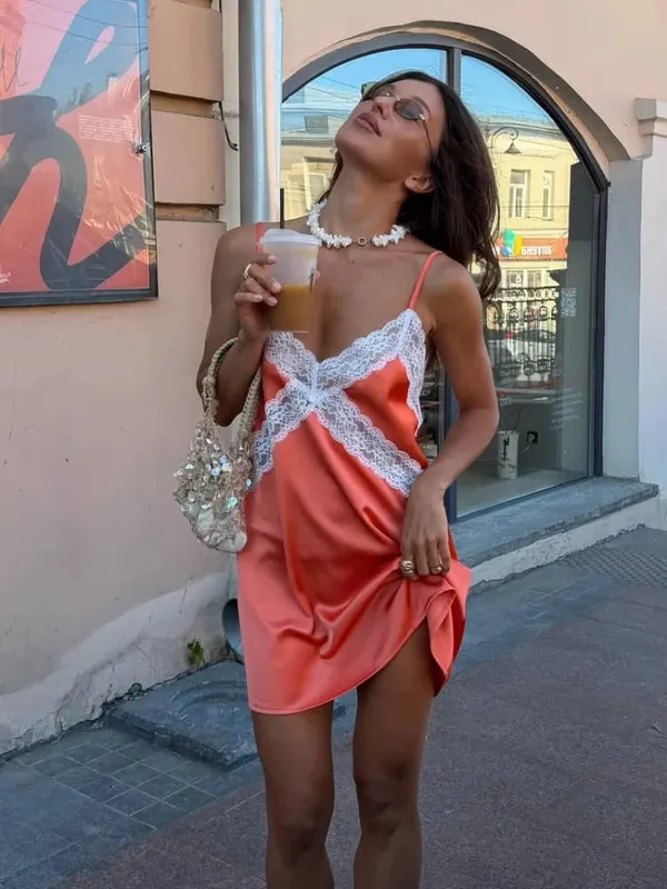 Sexy Satin Lace Patchwork Sling Dress Women Fashion V-neck Sleeveless Hollow Out Mini Dresses 2026 Summer Lady Vacation Robe — image 8