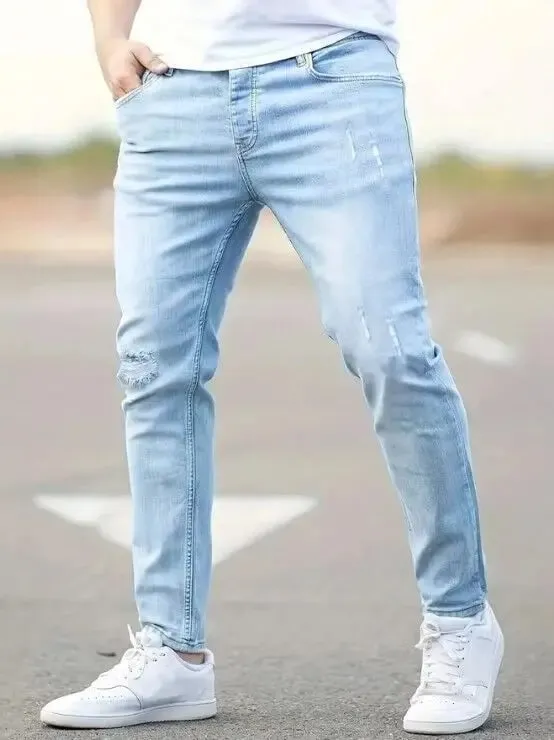 2026 New Fashion Men's Skinny Ripped Jeans Mid Waist Stretch Denim Pants Male's Slim Trousers with Pocket Casual Soft Streetwear — image 10