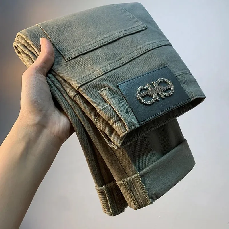 Calças de brim masculinas de luxo leve 2025 verão fino estiramento cônico pequeno perna reta casual versátil denim calças de cor sólida — image 1