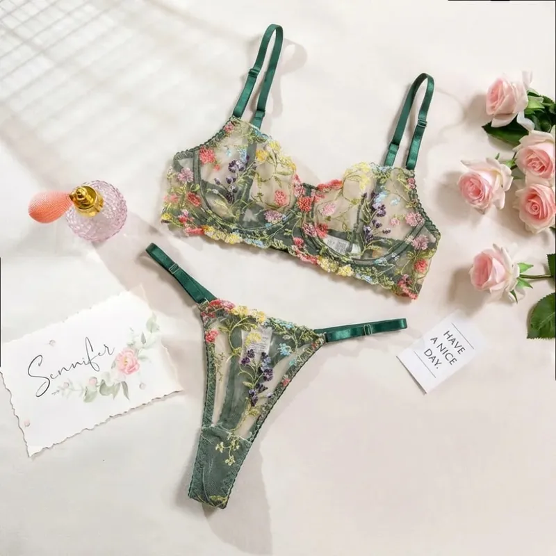 2-Piece Floral Lingerie Set Embroidery Sheer Underwear Intimates Versatile Underwire Push-up Bra Panty Set For Lady Girl — image 10