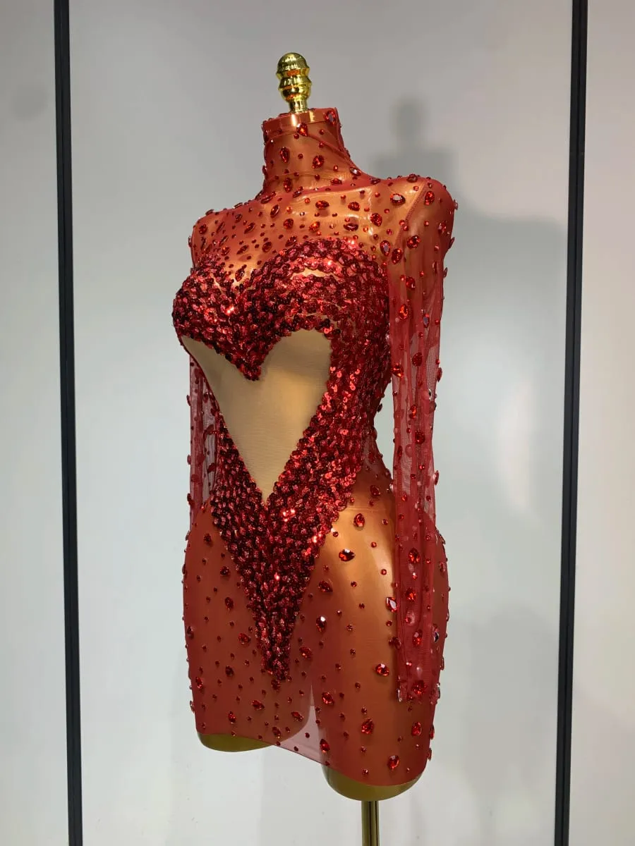High Quality Rhinestone Sequin Sexy See Through Mesh Mini Dress Women Evening Party Nightclub Singer Stage PerformanceCostume — image 2