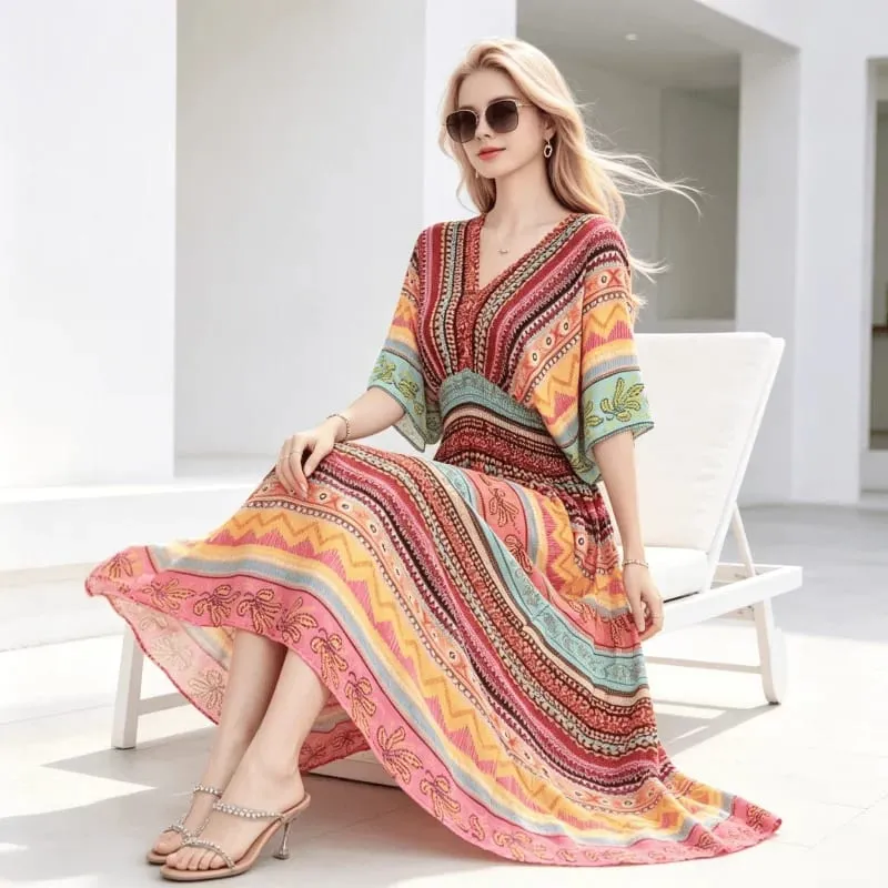 Boho Holiday Women V-Neck Batswing Short Sleeve A-Line Midi Dresses Slim Elastic Waist Casual Vintage Office Lady Elegance Dress — image 36