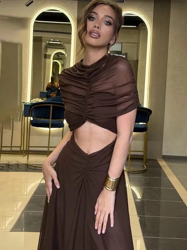 Mozision Hollow Out Short Sleeve Sexy Maxi Dress Women Fashion O Neck Ruched High Waist Bodycon Club Party Long Dress Female — image 6
