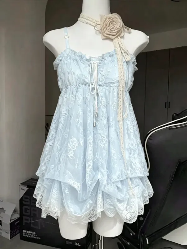 2026 frau Japanische Süße Spitze Blume Y2k Ästhetischen Verband Grunge Kleider Harajuku Ärmellose Patchwork Vintage Kleid Chic