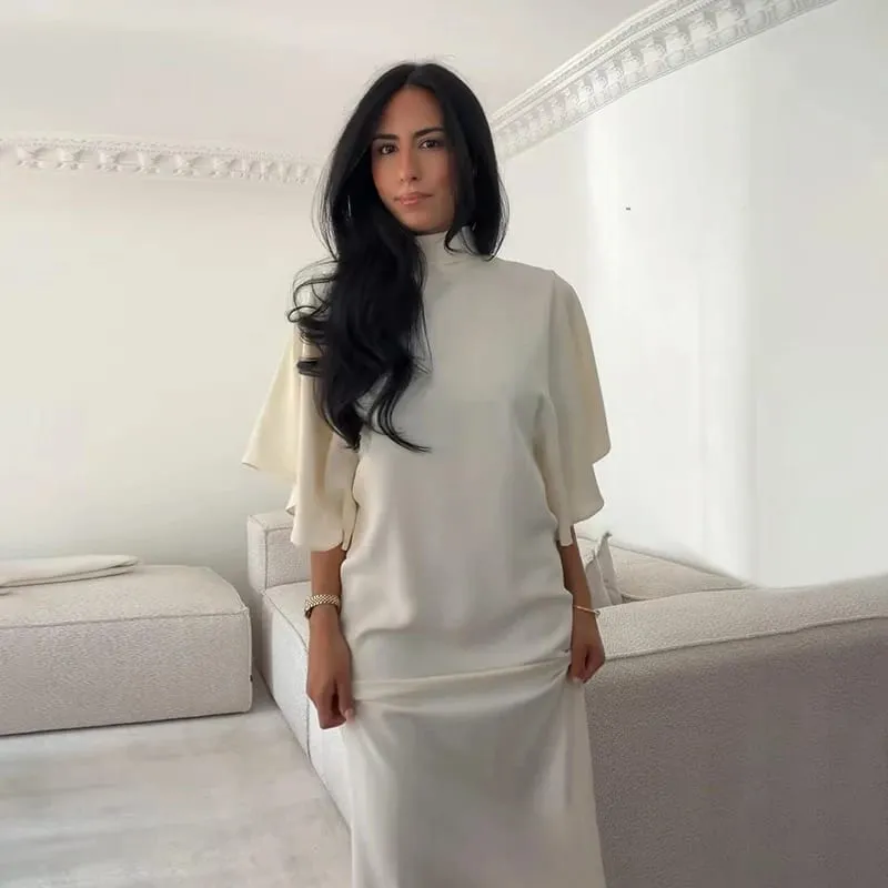 Women Solid Satin Maxi Dress High Neck Batwing Sleeve Loose Fit Front Slit Dresses Lady 2026 Summer Elegant Evening Party Outfit