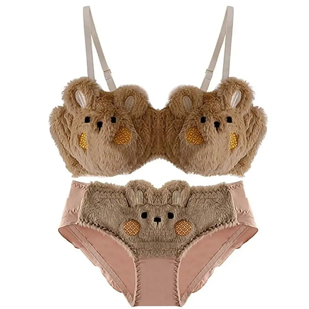 New Design Gathered Padded Bra and Panty Set Warm Polyester Anime Cozy Warm Lingerie Cotton Adorable Fuzzy Lingerie — image 3