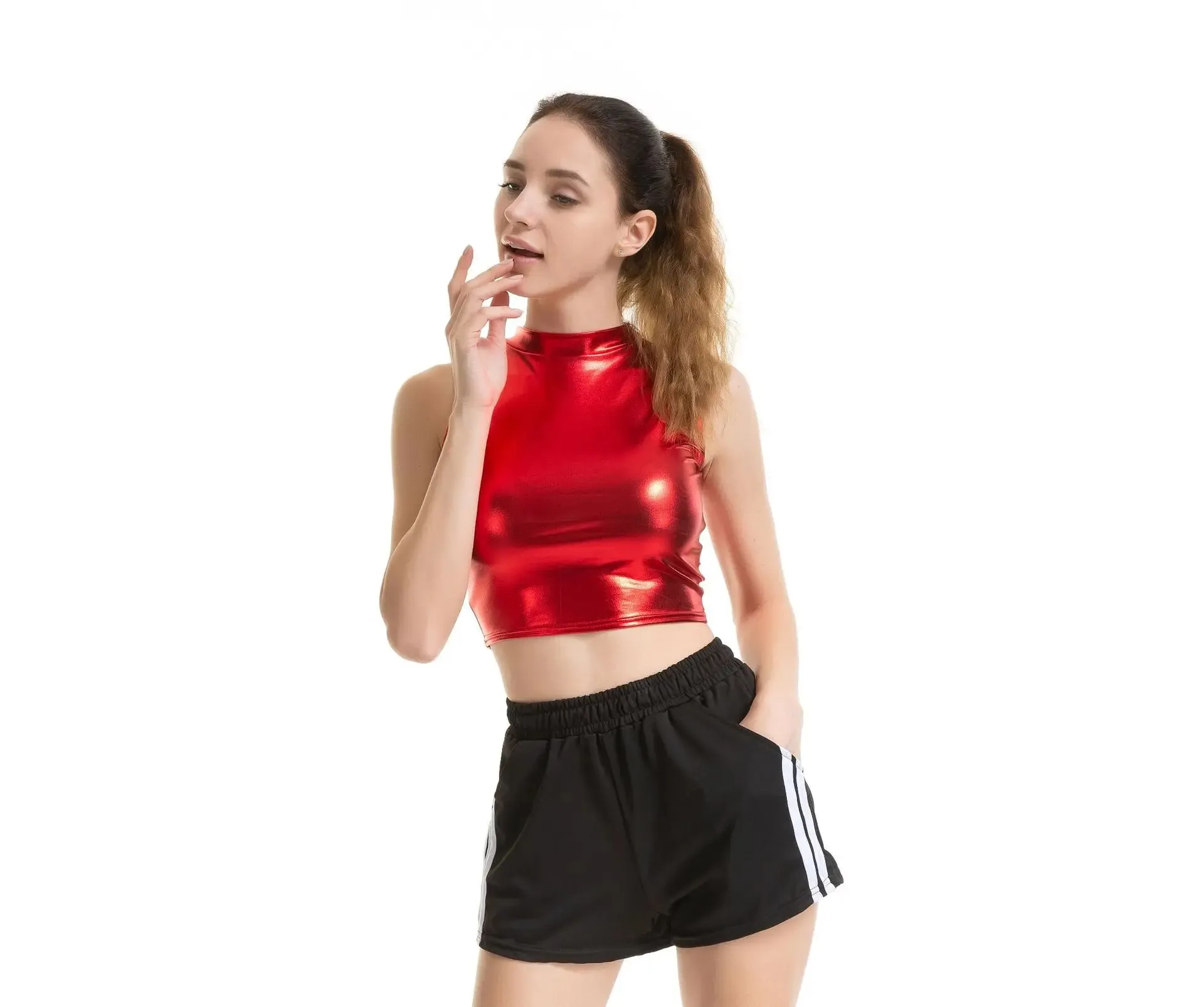 Womens Shiny Metallic Patent Leather Sleeveless Mock Neck Crop Tank Tops Camisole Night Club Party Rave Dance Costume Clubwear — image 8