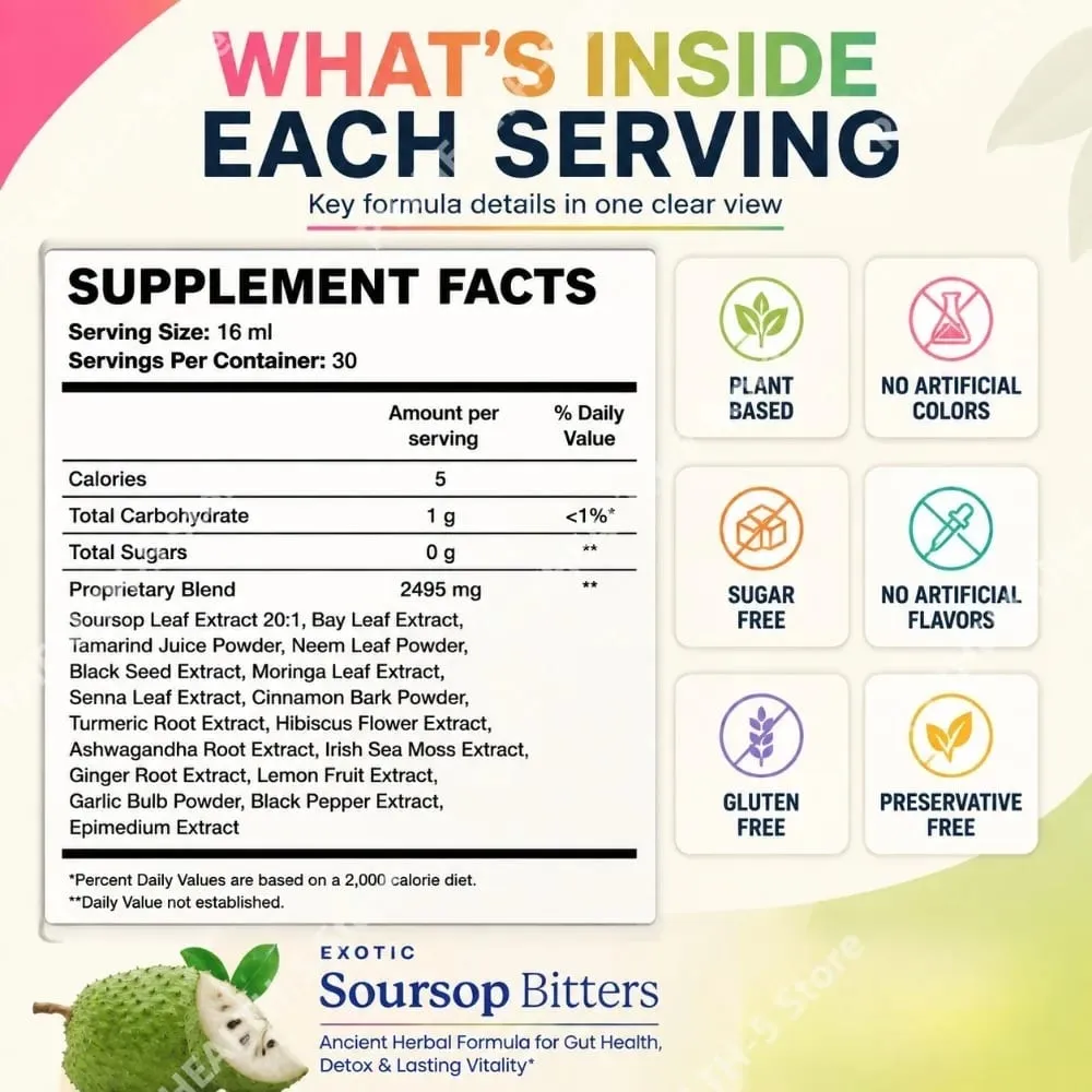 Herbal Soursop Bitters Liquid Supplement Black Seed Moringa Irish Moss Drops for Gut Digestive Wellness Immune 16 Fl Oz(473ml) — image 4